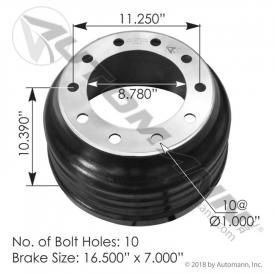 10 Hole 16.5 X 7in. Brake Drum: Automann 151.6700BA-LW - New