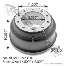 10 Hole 16.5 X 7in. Brake Drum: Automann 151.6713 - New