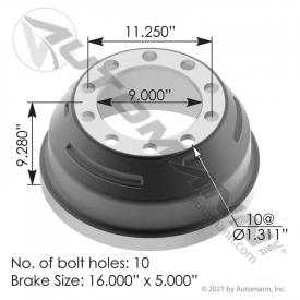 10 Hole 16.5 X 5in. Brake Drum: Automann 151.6510BA - New