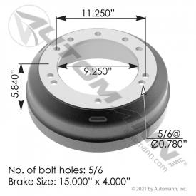 5/6 Hole 15 X 4in. Brake Drum: Automann 151.5409BA - New