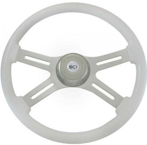 Best Fit 09-1500315 Steering Wheel: 18 Inch Chrome 4 Spoke White Painted Wood Classic Steering Wheel With Chrome Bezel & Horn